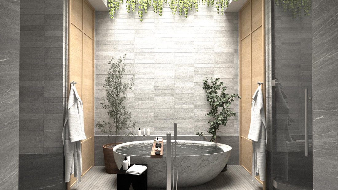 Relaxing contemporary bathroom design, grey marble freestanding tub with a skylight above it.