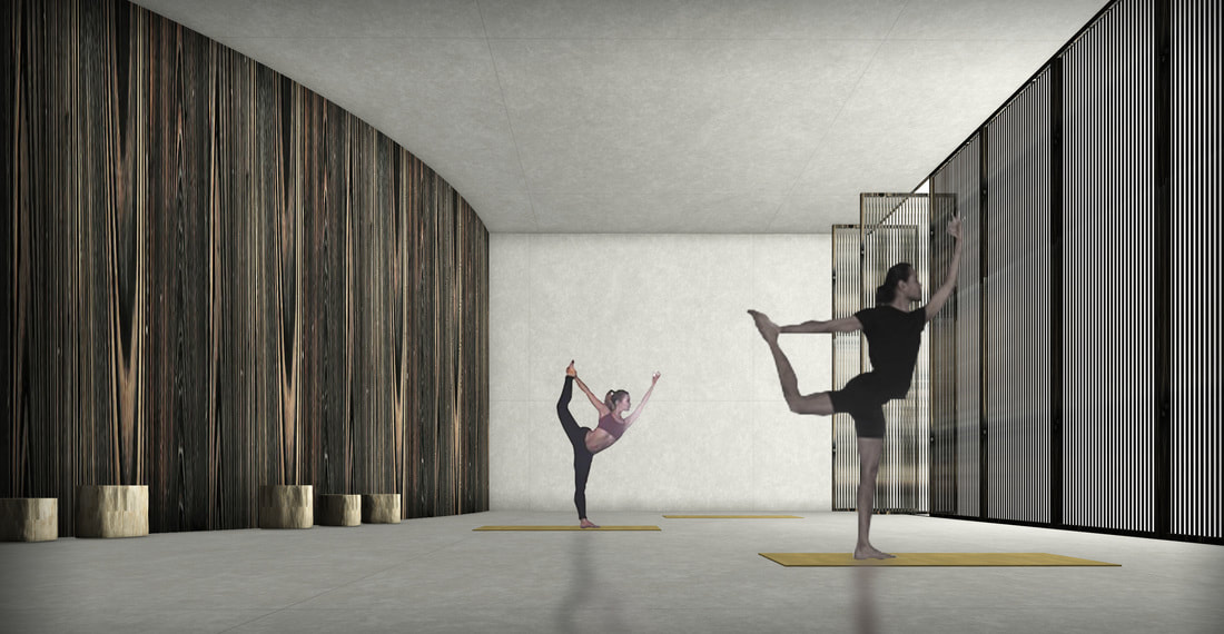 Yoga studio design at a relaxing spa complex with earthy architectural elements.