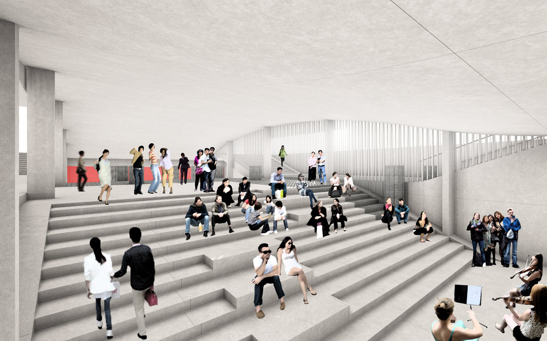Performance space with steps in an underground plaza.