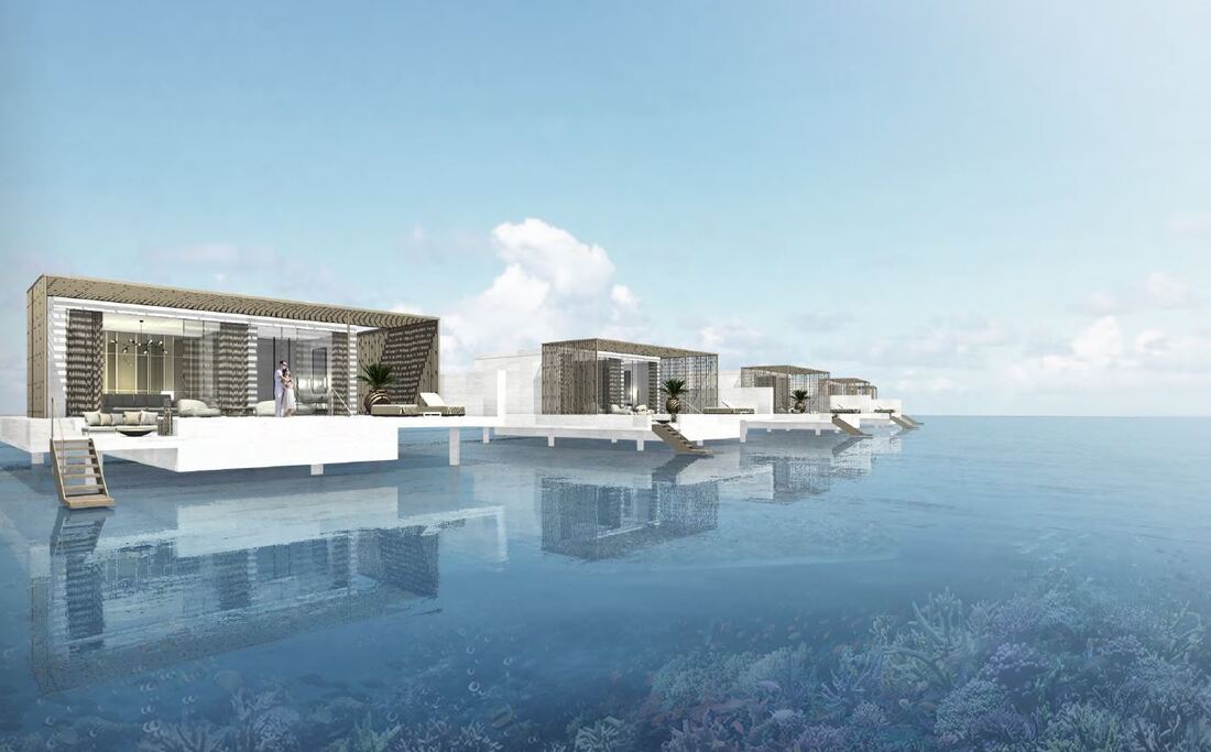Modern over water villas over a coral reef