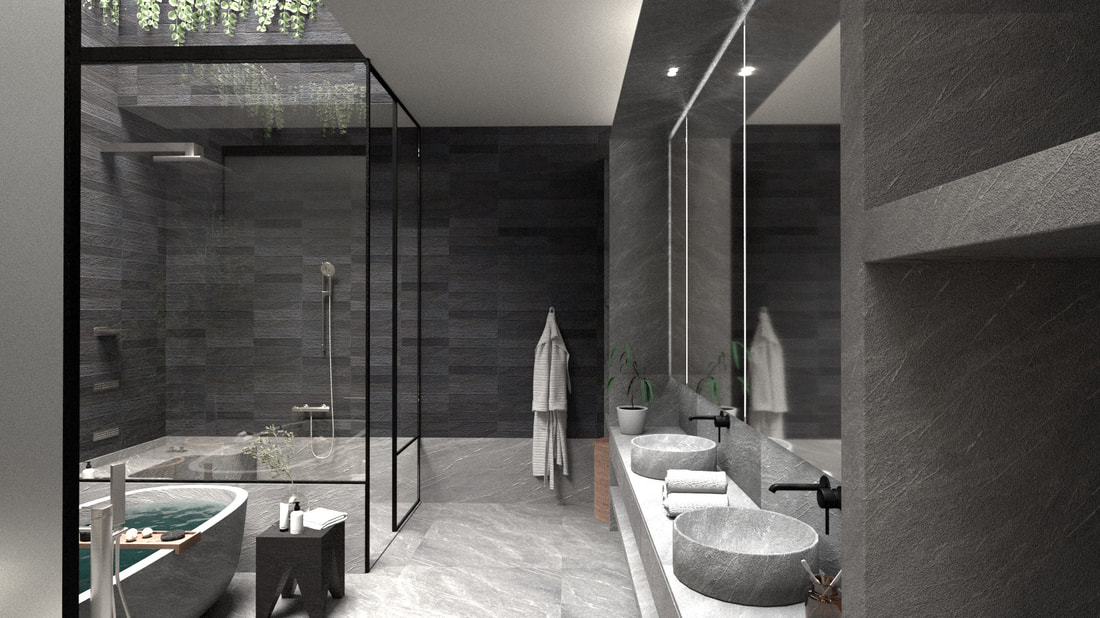 Modern bathroom design with Japanese architecture influence. Black tile and grey marble fixtures.