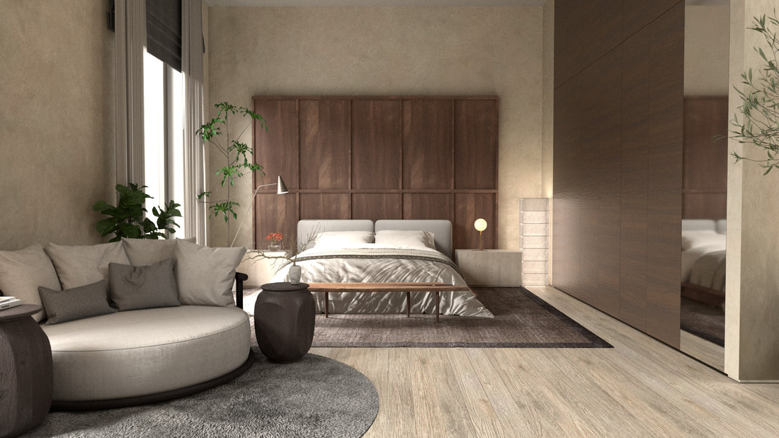 Modern bedroom design with high ceilings and natural wood headboard. Earthy elements and soothing colors.