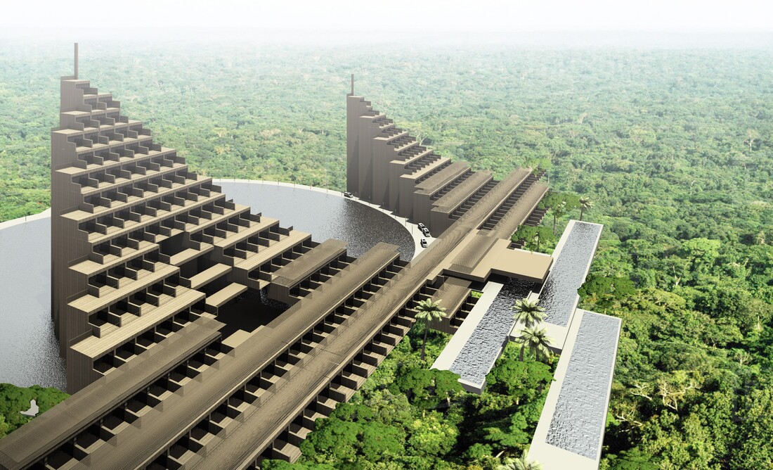 Sustainable modern architecture for a tiered hotel in the rainforest surrounded by massive pools.