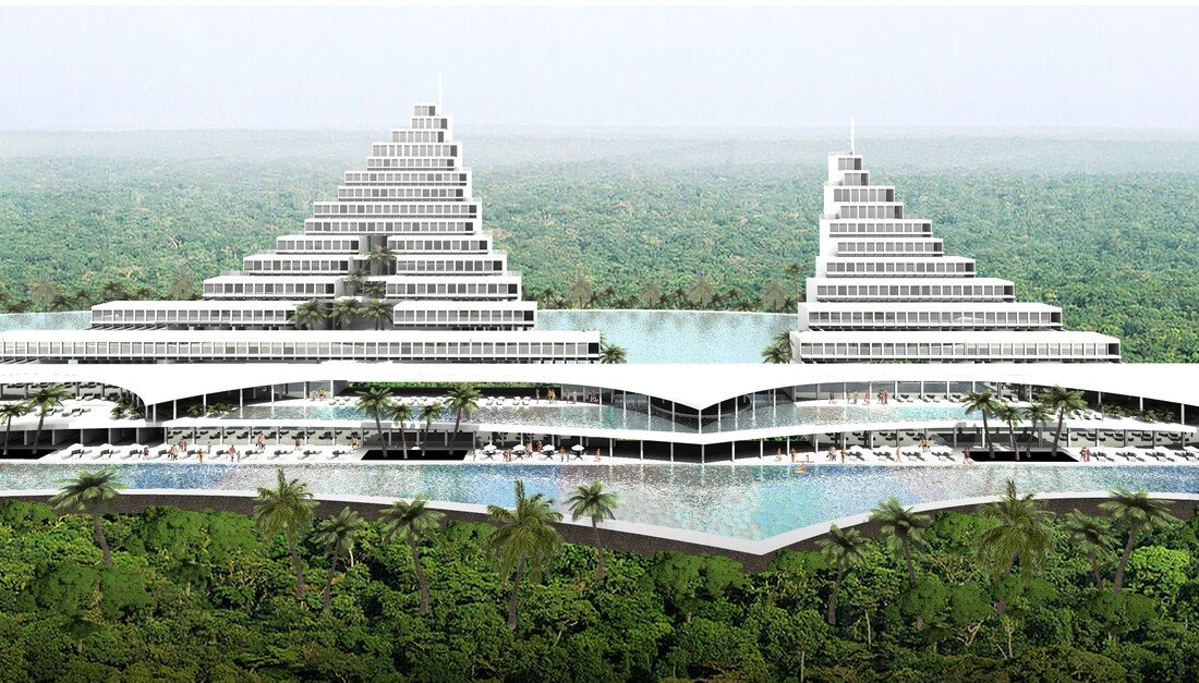 Modern architecture for a tiered hotel in the rainforest surrounded by massive pools.