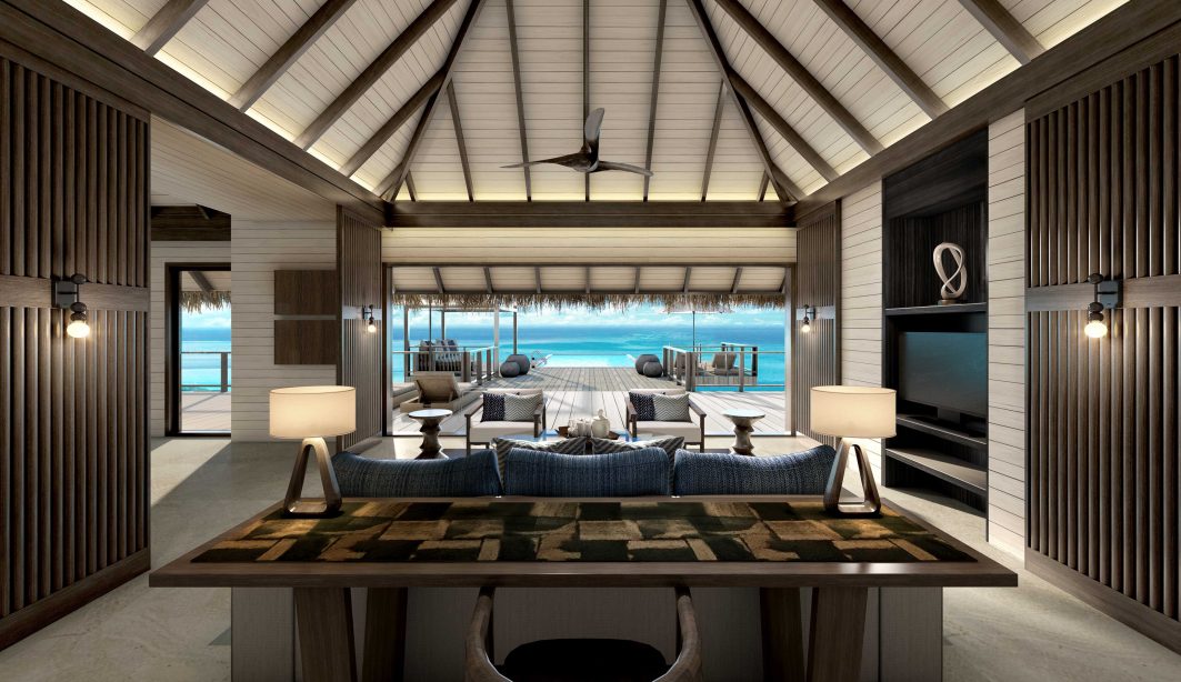 Tranquil luxury beach villa with whicker furniture and local wood cladded walls. Modern design elements.