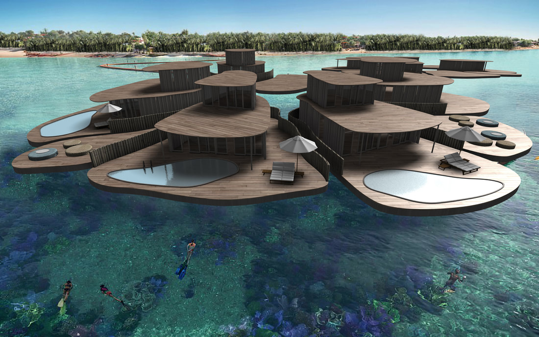 Concept design for over water African resort villas where you can scuba dive and see the coral reefs.