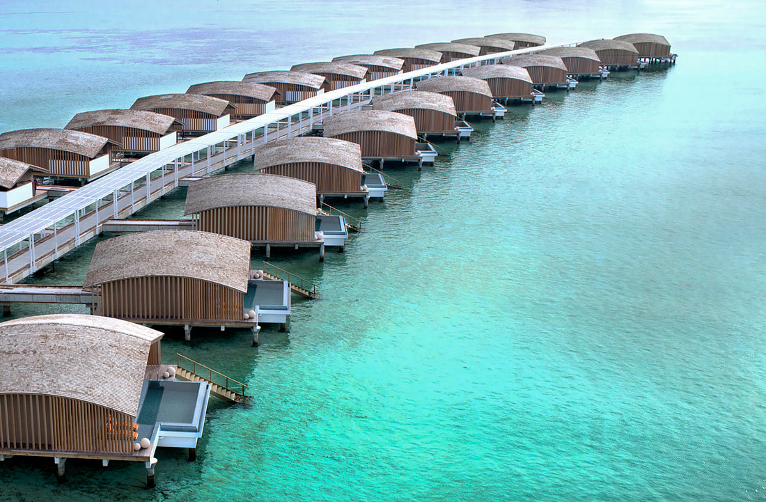 Contemporary architecture and Japanese design for luxury over water villas at a Maldives island resort which is fully sustainable