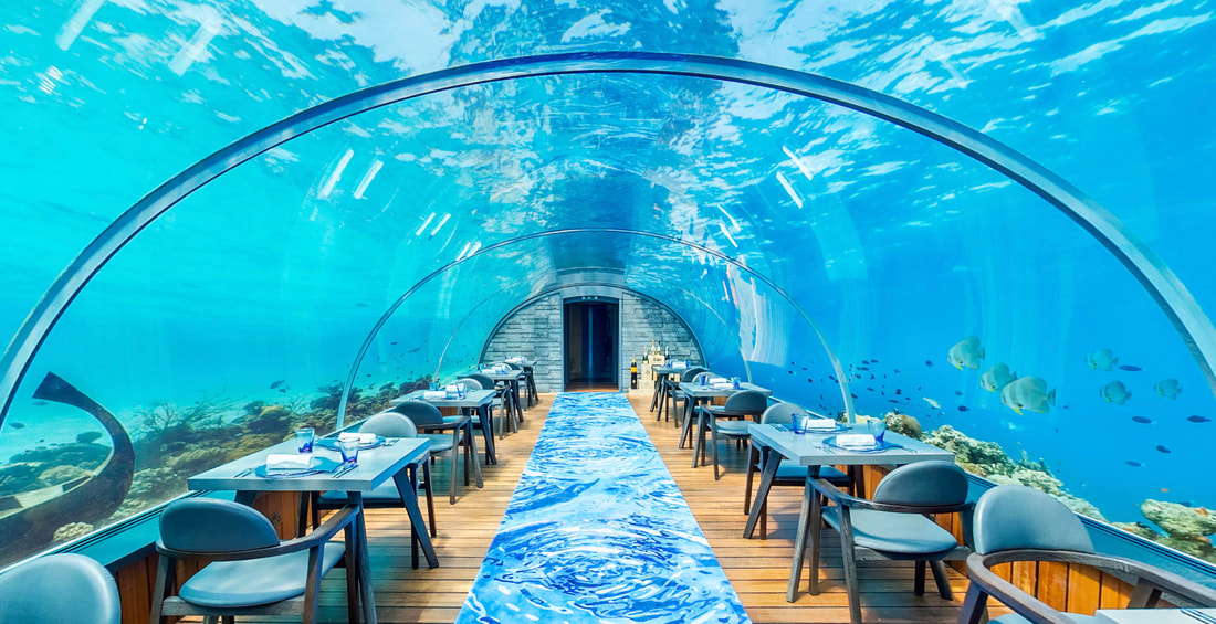 Under water restaurant for dining next to coral reefs.
