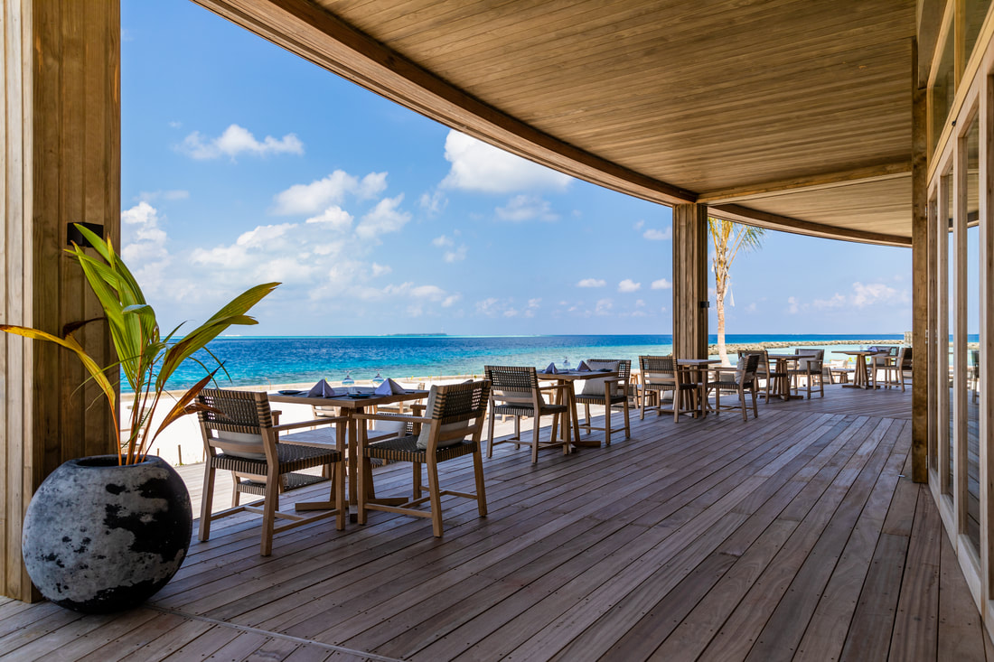 Luxury beach island resort restaurant design with contemporary outdoor furniture