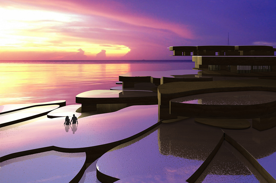 Sustainable eco resort with pool solar panels at sunset