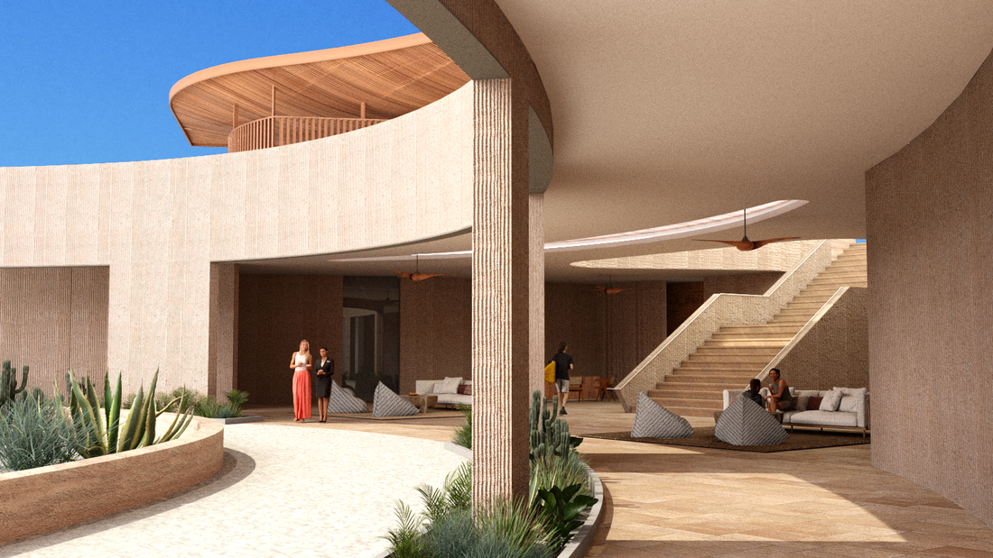Underground arrival at a rammed earth spa architecture at a high end Mexican beach hotel