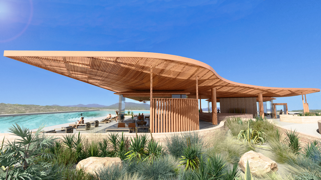 Modern wooden canopy design mimicking wave geometry at a contemporary spa complex.