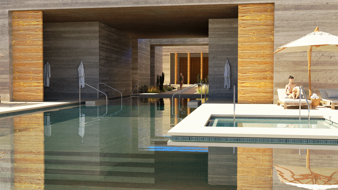 Rammed earth spa architecture at a high end Mexican beach hotel