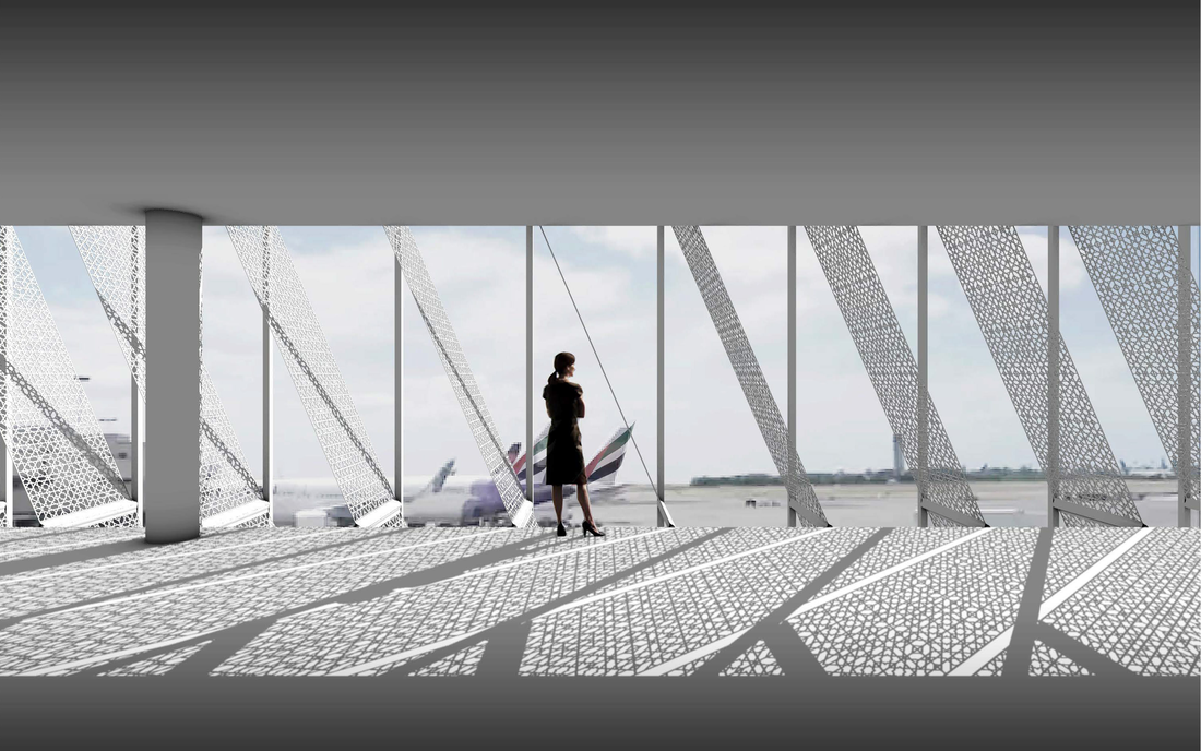 contemporary airport architecture and design with white perforated façade panels looking out to airplanes
