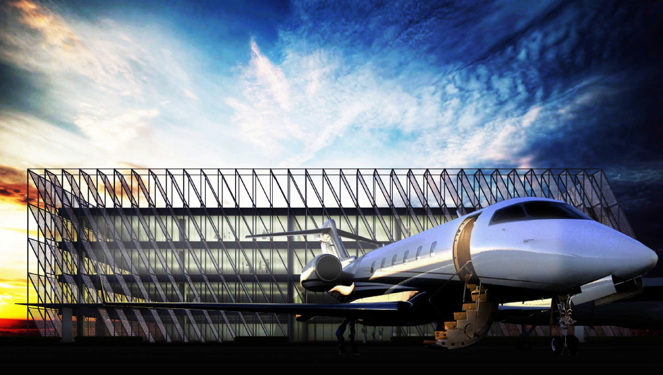 Modern airport design with white perforated façade panels with a private jet in the foreground at sunset