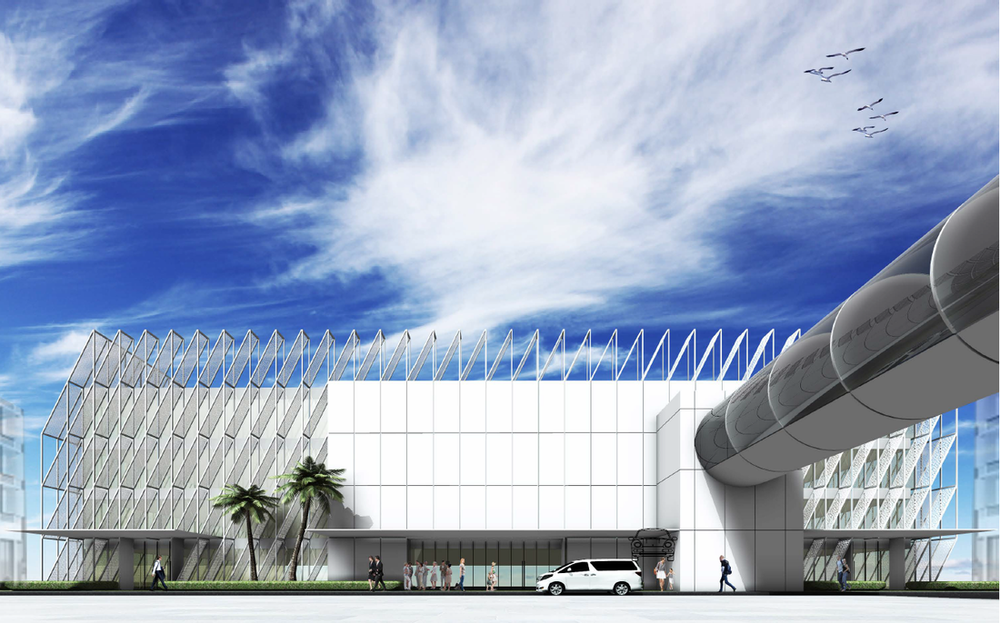 Modern airport design with white perforated façade panels