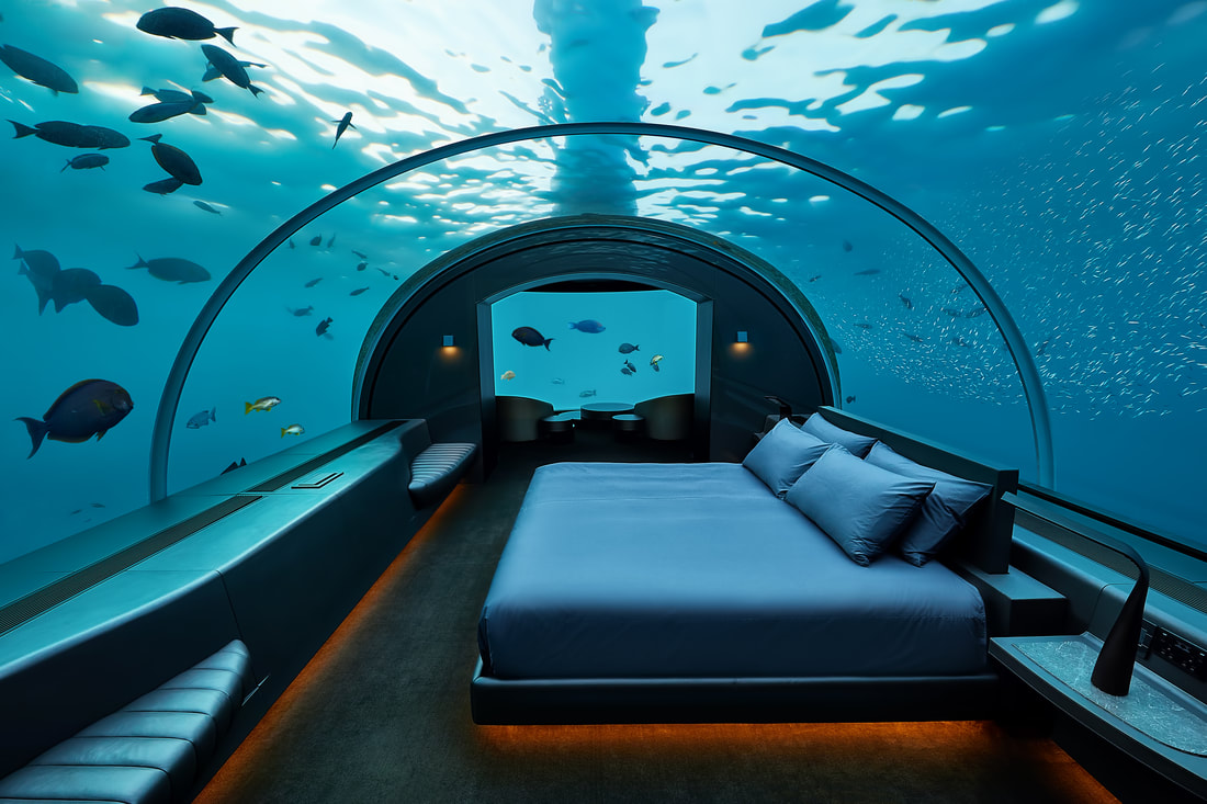 Contemporary bedroom design watching the ocean life in the ground breaking under water architecture