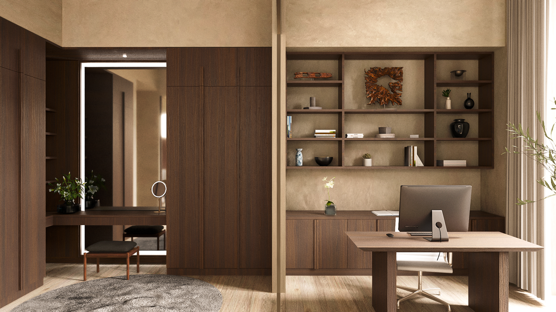 Modern home office and make up desk design with tall ceilings and a Japanese inspired architecture.