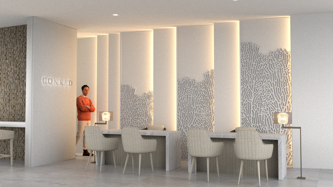 Arrival desks with corral design wall panels which are backlit in a seaplane lounge