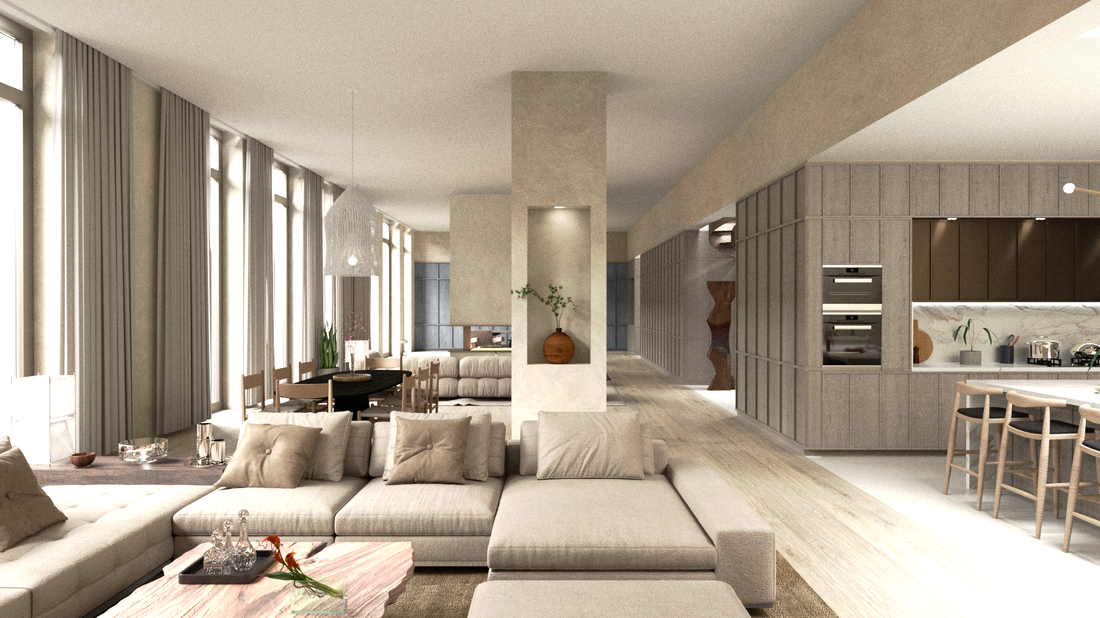 Modern luxury apartment interior design with wood millwork and contemporary furniture
