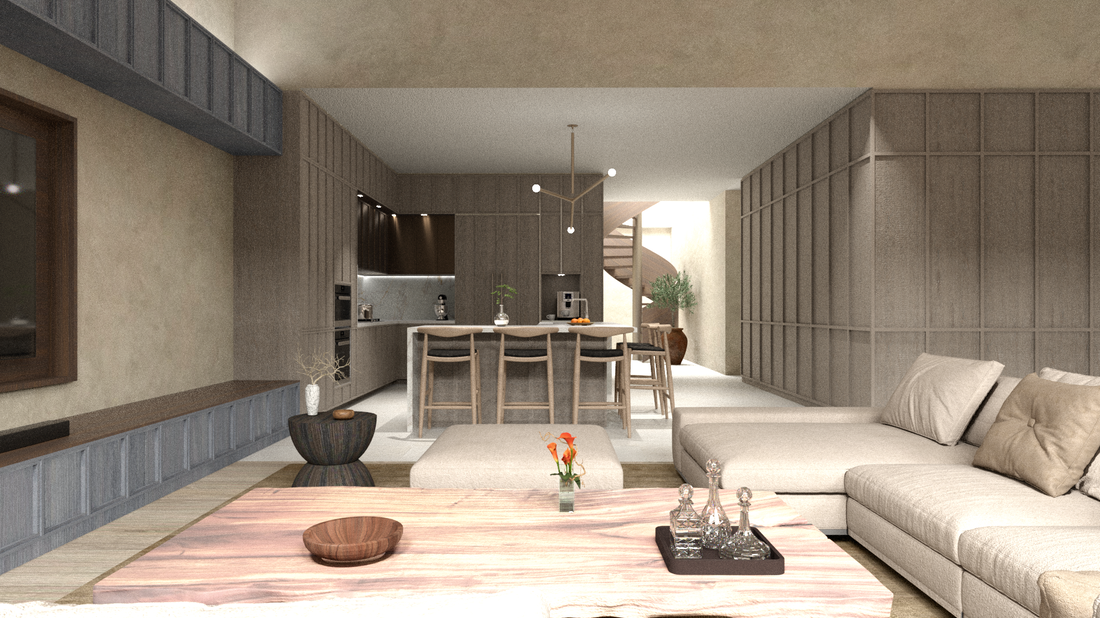 Modern city apartment design with a wood spiral staircase and luxurious materials.