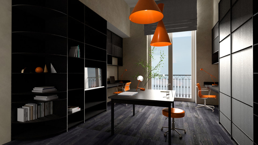 Sleek modern black office with industrial orange accents and custom wood millwork.