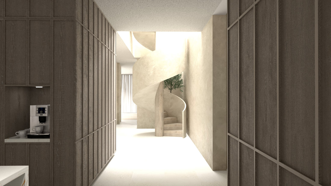 Modern city apartment design with a wood spiral staircase and luxurious materials like raw wood and plaster, a spiral staircase down a corridor.